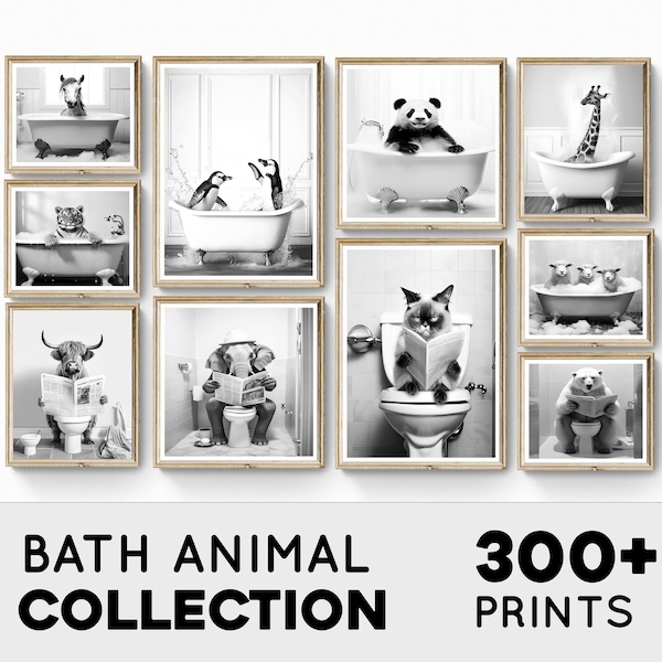 Lot de 300 oeuvres d'art murales animaux de la salle de bain, impressions de salle de bain, décoration de salle de bain, pingouin dans la baignoire, animal dans la baignoire, oeuvres d'art animaux assis sur les toilettes