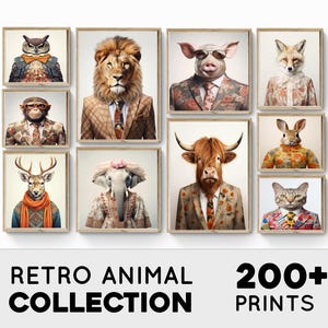 Set of 200 Retro Animals Wall Art, Fashion Animal Prints, Funny Animal Decor, Retro Fashion Prints, Animals Wearing Retro Clothes Wall Art