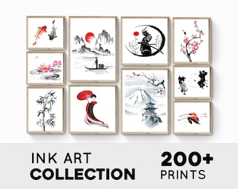 Set of 200 Japanese Ink Art Print, Cherry Blossom Painting, Samurai Wall Art, Koi Fish Art, Japanese Room Decor, Black White Prints Set
