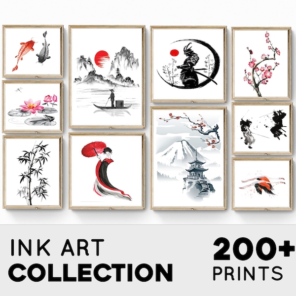 Set von 200 japanischen Tinten-Kunstdrucken, Kirschblüten-Malerei, Samurai-Wandkunst, Koi-Fisch-Kunst, japanischer Raum-Dekor, schwarz-weiß-Drucke-Set
