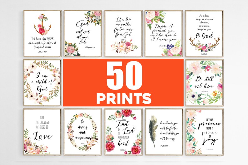 50 Bible Verse Printable Set, Christian Wall Art, Bible Verses Prints, Bible Verses Wall Art Prints, 8x10 Verses Room Decor Instant Download 