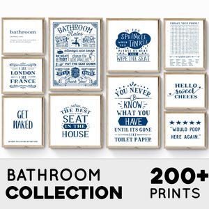 Navy Blue Bathroom Wall Art, Blue Bathroom Wall Decor, Funny Bathroom Signs, Bathroom Printable Set, 200 Bathroom Prints Instant Download