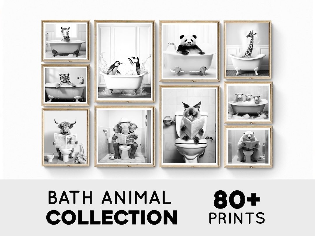 Set of 80 Bathroom Animals Wall Art, Bathroom Prints, Bathroom Decor
