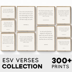 May include: A collection of framed prints with Bible verses in a minimalist style. The frames are a light beige color, and the text is in a simple, easy-to-read font. The image also includes the text "ESV VERSES COLLECTION" and "300+ PRINTS".