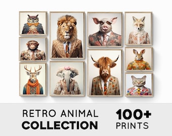 Set of 100 Retro Animals Wall Art, Fashion Animal Prints, Funny Animal Decor, Retro Fashion Prints, Animals Wearing Retro Clothes Wall Art
