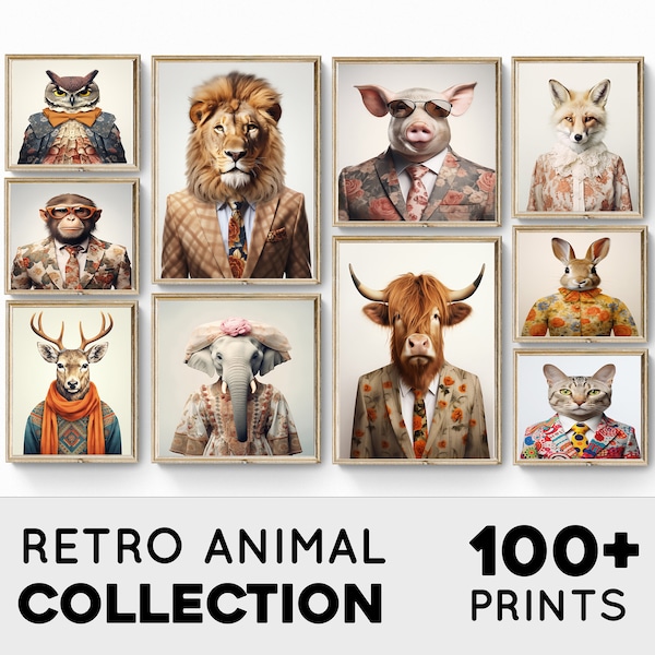 Lot de 100 oeuvres d'art murales animaux rétro, impressions animalières mode, décoration animalière rigolote, estampes de mode rétro, oeuvres d'art murales animaux portant des vêtements rétro