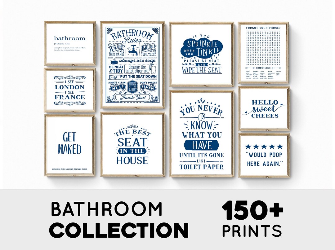 Navy Blue Bathroom Wall Art Blue Bathroom Wall Decor Funny Etsy