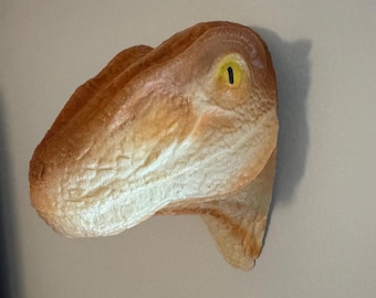 Hand-Painted Velociraptor Wall Head – Brown & Tan Dinosaur Sculpture, Unique Prehistoric Wall Art