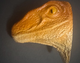 Hand-Painted Raptor Head Wall Art, Orange Tan Dinosaur Sculpture, Prehistoric Home Decor, Unique Wall Hanging