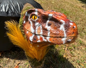 Large Raptor Head Wall Mount – Hand Sculpted & Painted Dino Bust on Wood Plaque | 18" Latex Foam Velociraptor Head Decor