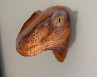 Hand-Painted Velociraptor Wall Head – Orange & Brown Dinosaur Sculpture, Unique Prehistoric Wall Art