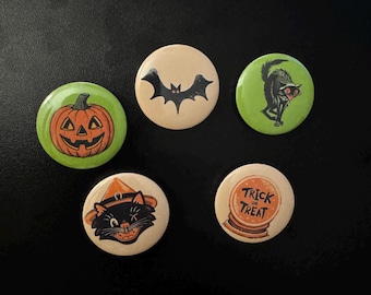 Vintage Halloween Pin Set | 5 Spooky Cute Lapel Pins | Bat, Witch Cat, Pumpkin, Crystal Ball