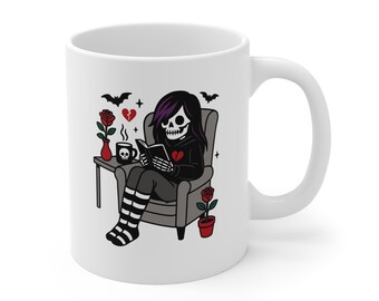 Skeleton Reading Coffee Mug: Cozy Goth, Horror Book Lover