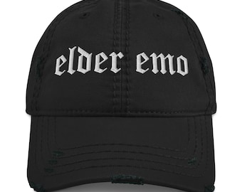 Elder Emo Embroidered Hat – Distressed Black Dad Hat – Broken Heart Side Stitch – Sadcore Aesthetic Adjustable Cap – Elder Emo Gift