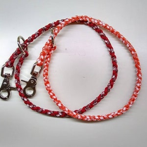 May include: A red and orange braided dog leash with two silver clips.
