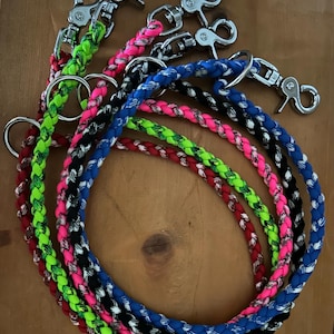 May include: Five braided dog leashes in different colors, including red, black, blue, pink, and green. Each leash has a silver swivel clip on one end and a silver loop on the other end.