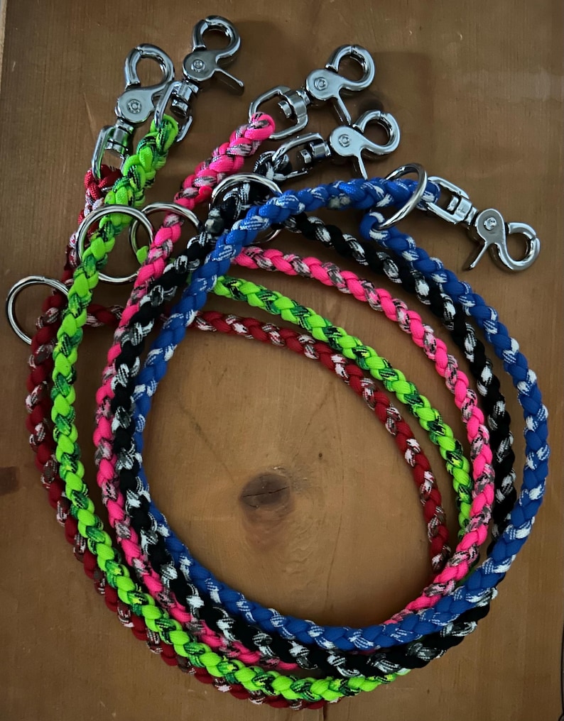 May include: Five braided dog leashes in different colors, including red, black, blue, pink, and green. Each leash has a silver swivel clip on one end and a silver loop on the other end.