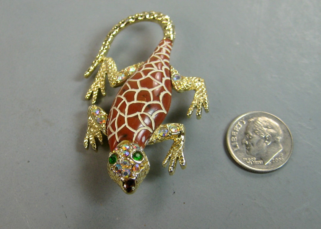 Broche Vintage Gekko Métal Doré Avec Oxydes - Bijou Original, Occasion