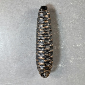May include: A vertical, elongated pinecone-shaped object cast in metal with a dark black finish and highlighted bronze-toned edges on the scales. The piece features a small, circular opening at the bottom tip, showcasing a textured, layered surface.