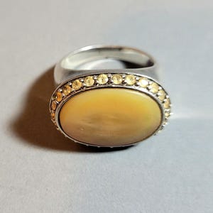 Large vintage sterling silver cabochon mother-of-pearl and citrine statement ring, cocktail ring