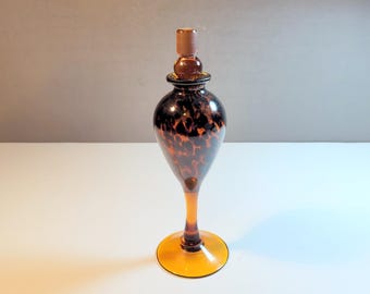 Vintage art glass perfume bottle, Brown and gold with stopper