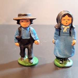 Pair of Cast Iron Amish Figures, Male and Female figurines, Hand painted blue and black, 3 inches tall