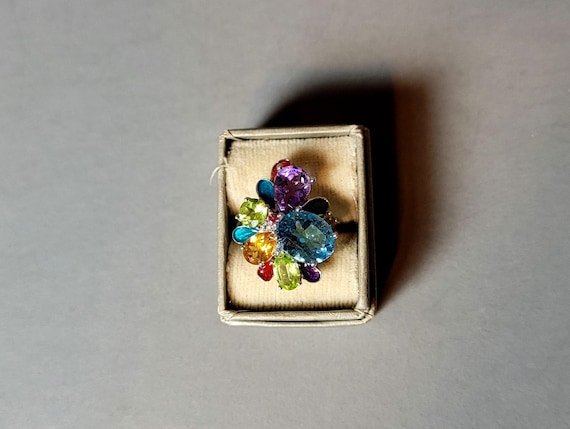 Sterling silver cocktail multi stone statement ri… - image 1