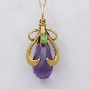 Art Nouveau Amethyst Briolette, Enamel, and 14K Gold Swirl Charm image 1