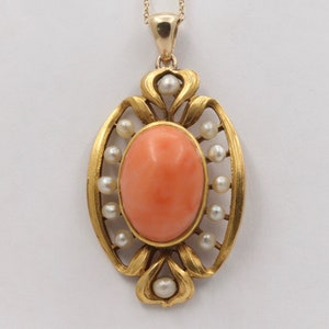Art Nouveau 14K Gold Angel Skin Coral and Pearl Pendant, Antique Charm Conversion