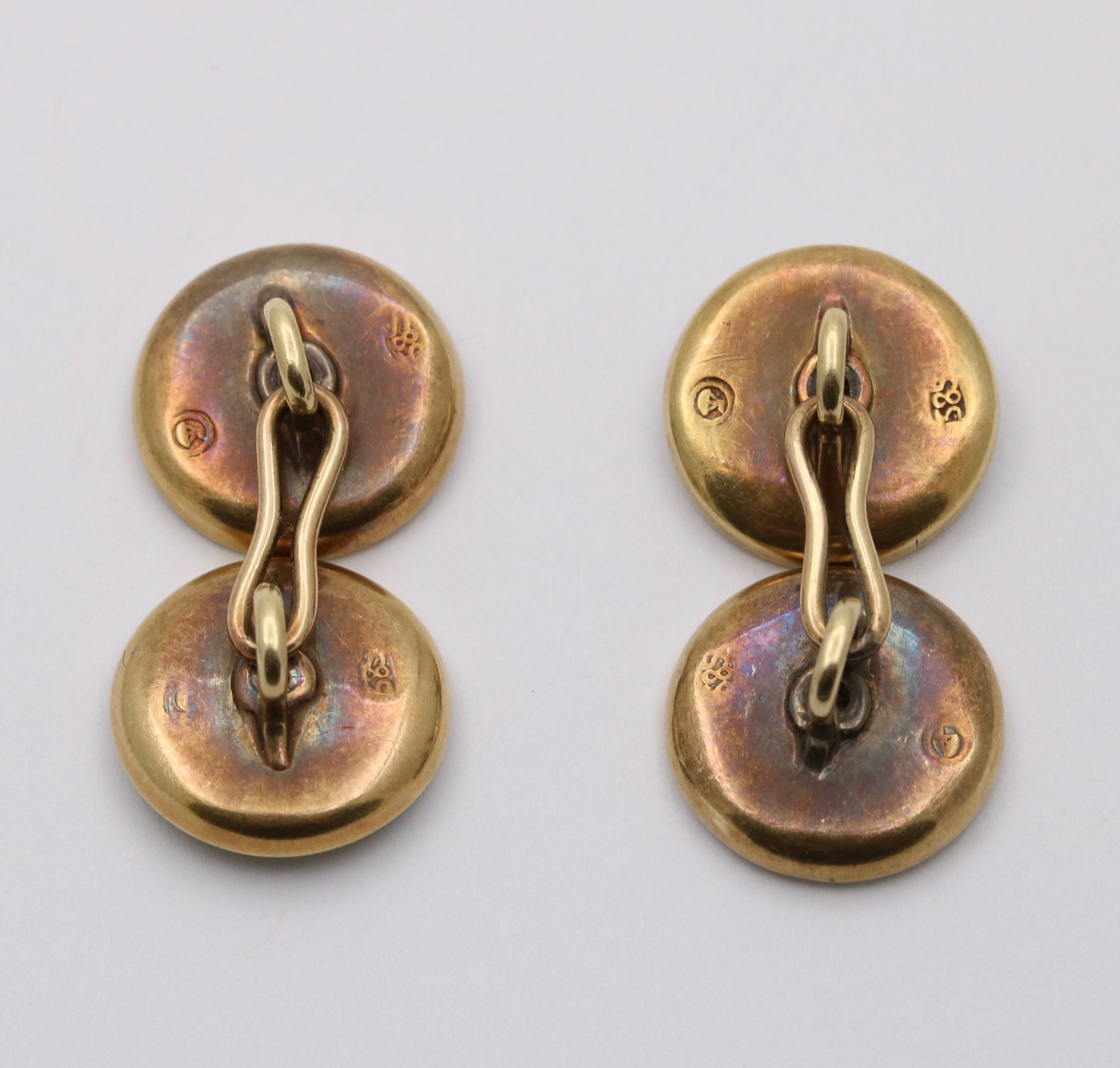 Boutons De Manchette Anciens En Or 14K Massif - Avec Pierre D'agate Mousse, Occasion Très Bon état