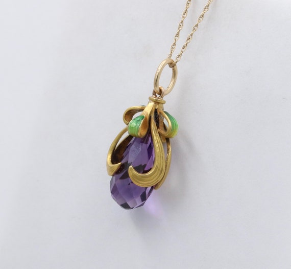 Art Nouveau Amethyst Briolette, Enamel, and 14K G… - image 4