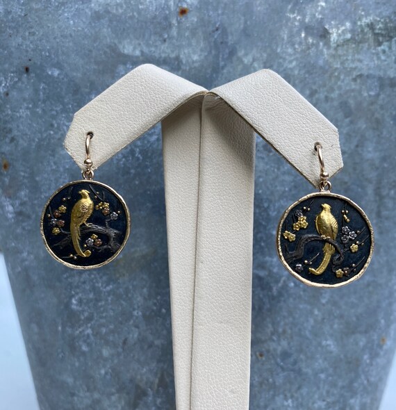 Antique 14K Gold Shakudo Bird and Cherry Blossom T