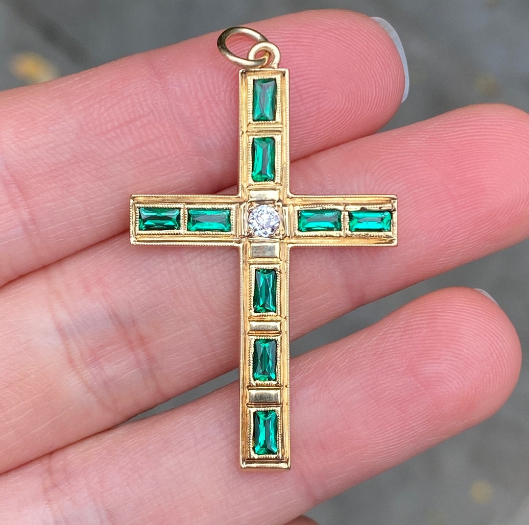 Vintage Diamond and Synthetic Emerald Cross Pendant Etsy