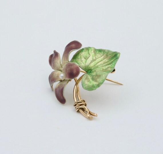 Art Nouveau Krementz 14K Gold and Enamel Violet F… - image 3