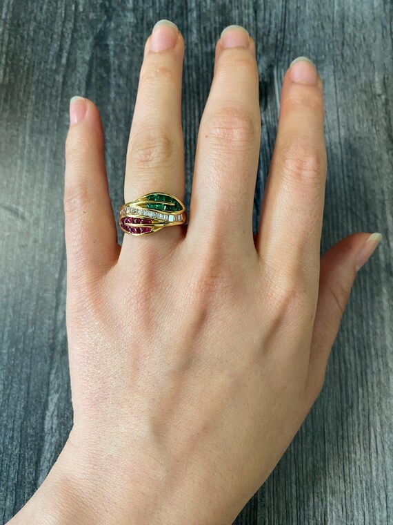 Natural Emerald, Ruby, and Diamond Leaf Ring - image 2