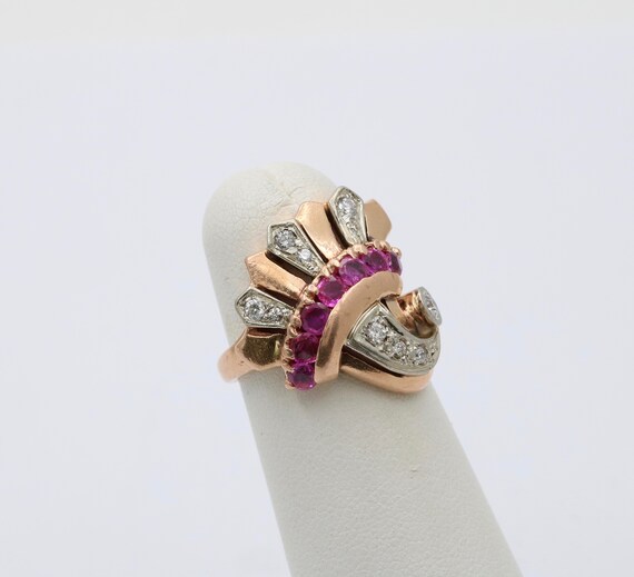 Retro 14K Gold Diamond and Ruby Cornucopia Ring, … - image 3