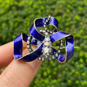 Victorian 18K Gold, Rose Cut Diamond, Enamel Snake Ribbon Brooch, Antique Pin