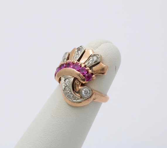 Retro 14K Gold Diamond and Ruby Cornucopia Ring, … - image 2