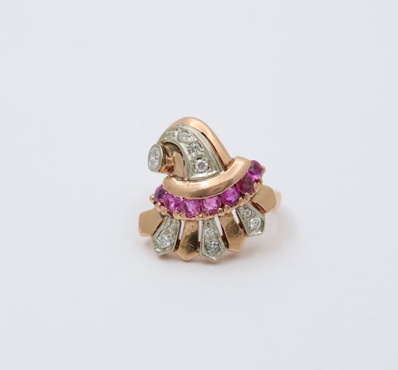 Retro 14K Gold Diamond and Ruby Cornucopia Ring, … - image 4