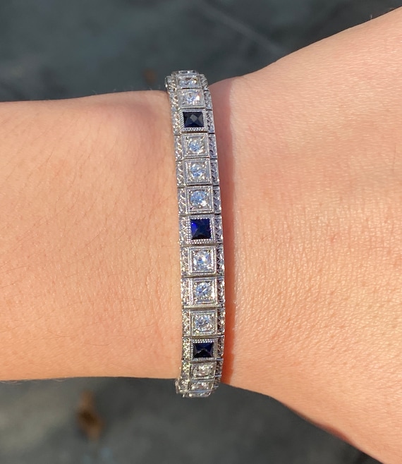 Art Deco Diamond and Man-Made Sapphire 14K White G