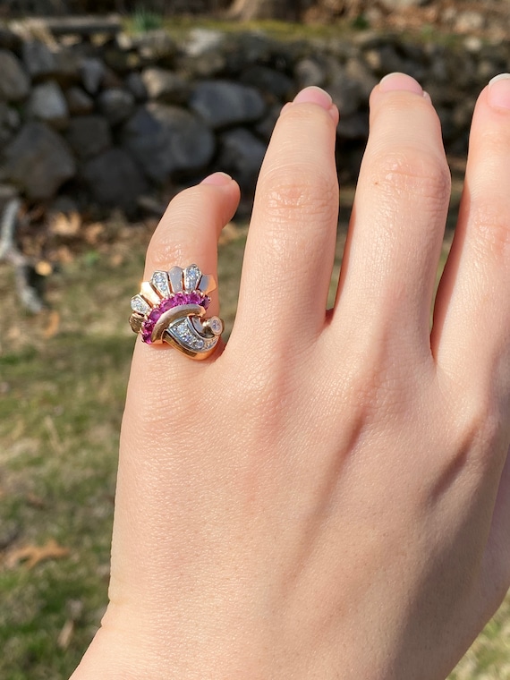 Retro 14K Gold Diamond and Ruby Cornucopia Ring, … - image 8