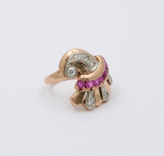 Retro 14K Gold Diamond and Ruby Cornucopia Ring, … - image 5