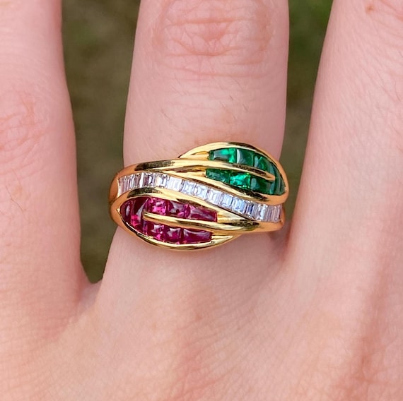 Natural Emerald, Ruby, and Diamond Leaf Ring - image 1