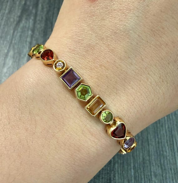 Multicolor Fancy-Shape Colored Gemstone Line Brac… - image 1