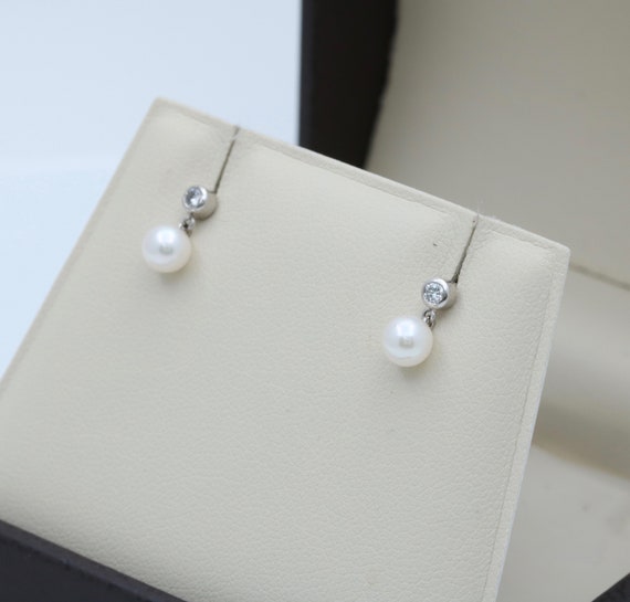 Small Pearl and Diamond Dangle Earrings, 18K Gold - image 3