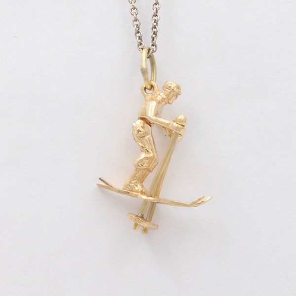 Vintage 14K Gold Skier Charm, Articulated Movable Skiing Pendant