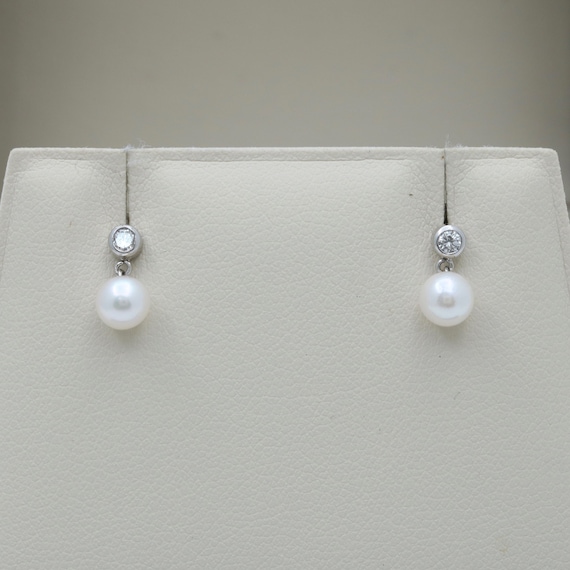 Small Pearl and Diamond Dangle Earrings, 18K Gold - image 1