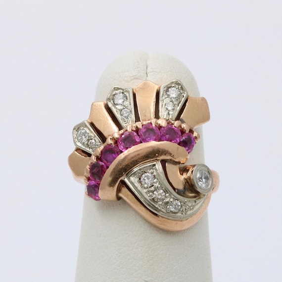 Retro 14K Gold Diamond and Ruby Cornucopia Ring, … - image 1
