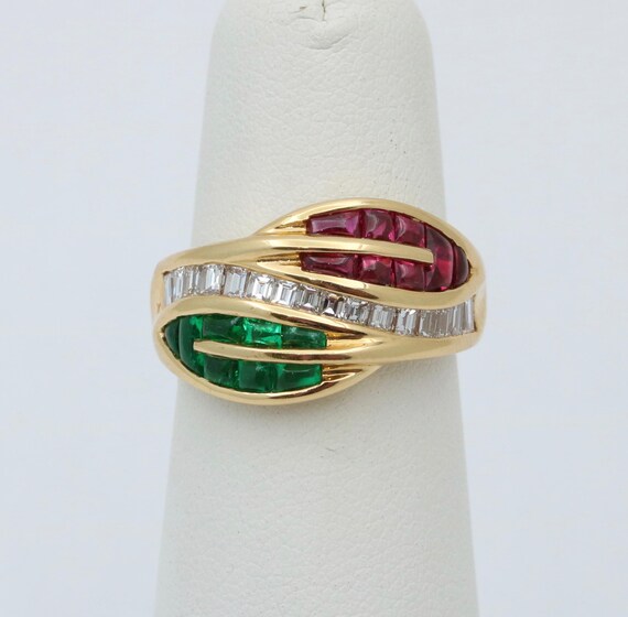 Natural Emerald, Ruby, and Diamond Leaf Ring - image 3