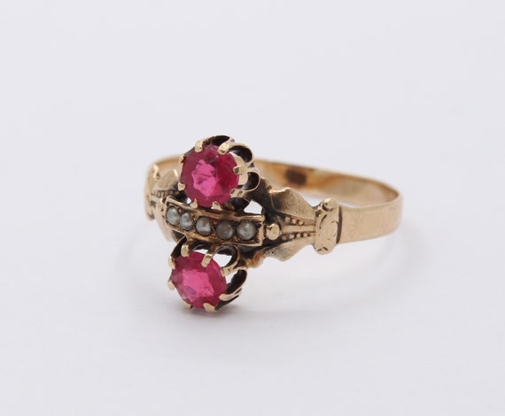 Victorian 14K Gold Pink Paste And Seed Pearl Ring - image 2